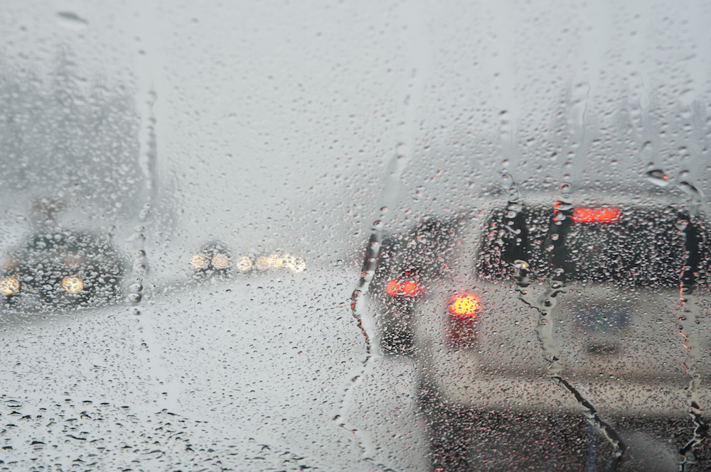 Winter traffic jam seen through a windshield
